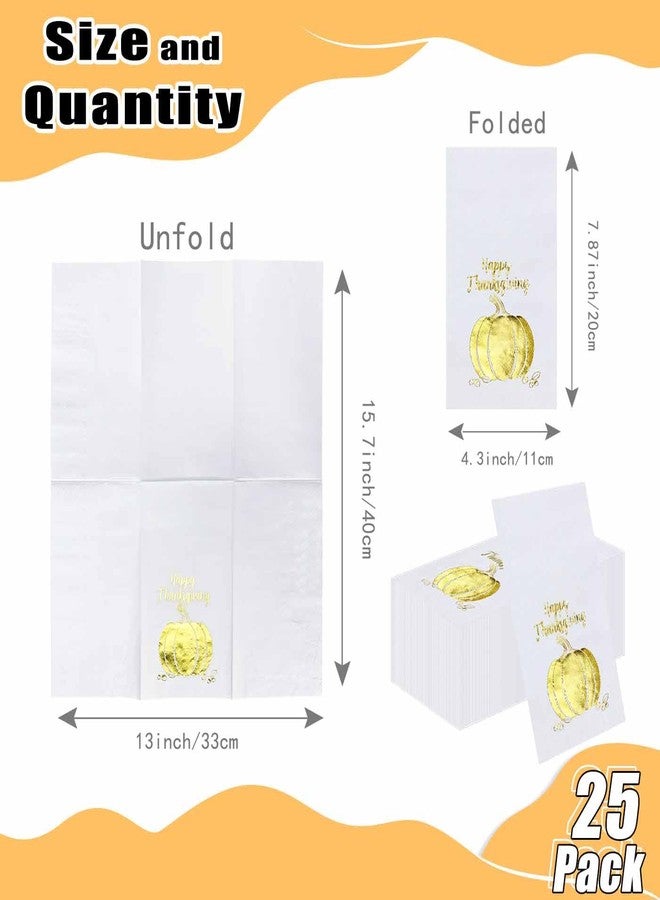 HEIPINIUYE 25 Pieces Happy Thanksgiving Paper Napkins with Gold Foil 3-ply White and Gold Pumpkin Guest Towels Disposable Hand Towels for Bathroom Birthday Fall Thanksgiving Party Dinner Napkins - Image 3